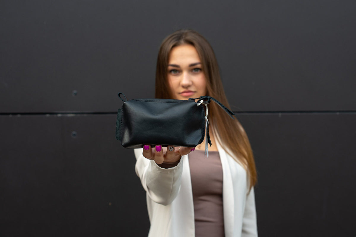 Leather Cosmetic Bag, Black - Small