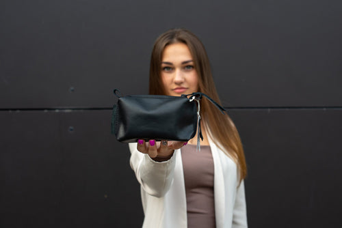 Black Leather Cosmetic Bag – Small