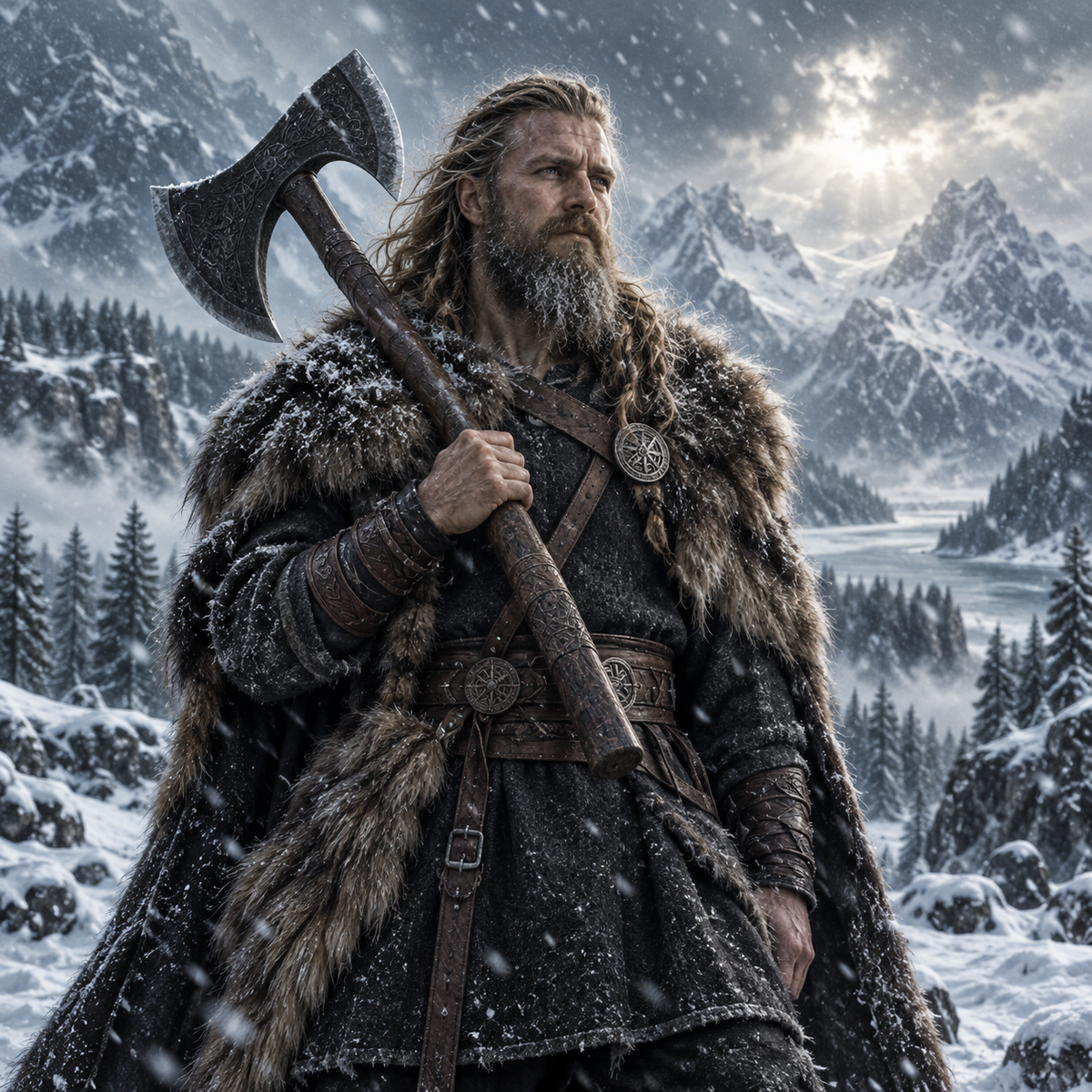 Viking holding a large axe on his shoulder in a Nordic winter storm